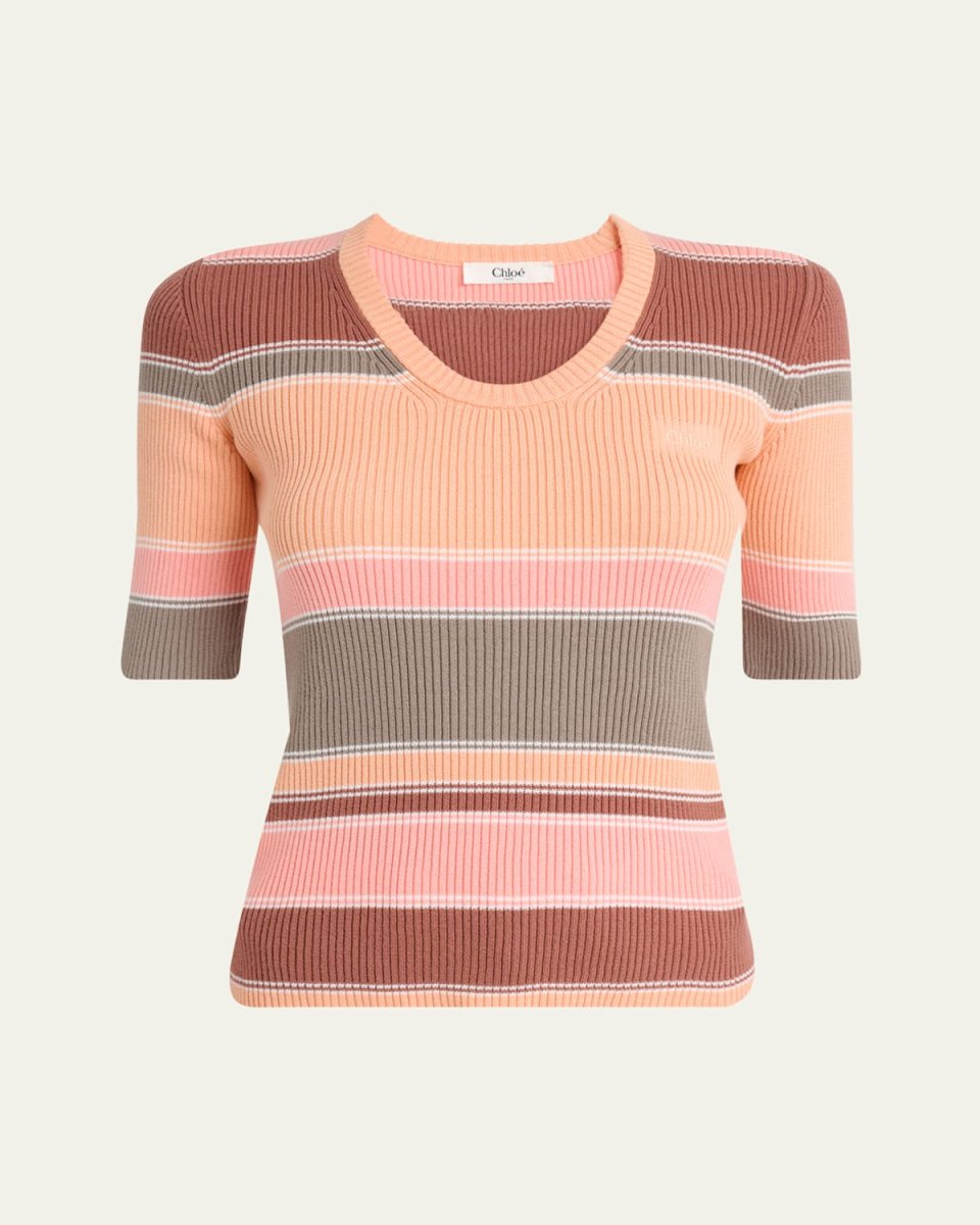 Striped Crewneck Rib Knit Cotton Top
